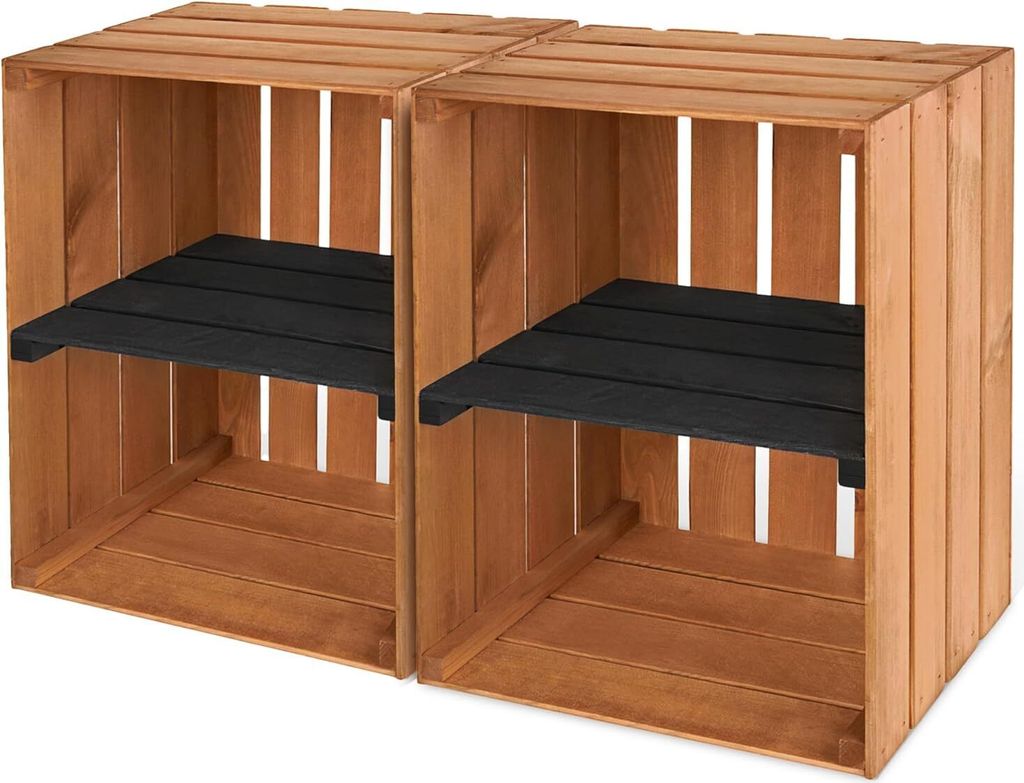 Two wooden crates with black shelves are placed side-by-side against a white background.