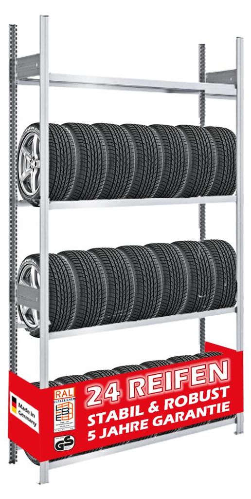 Reifenregal TIRE PRO Germany | Grundregal | HxBxT 250x150x43cm | 150kg Fachlast | bis zu 24 Reifen auf 4 Ebenen | Verzinkt