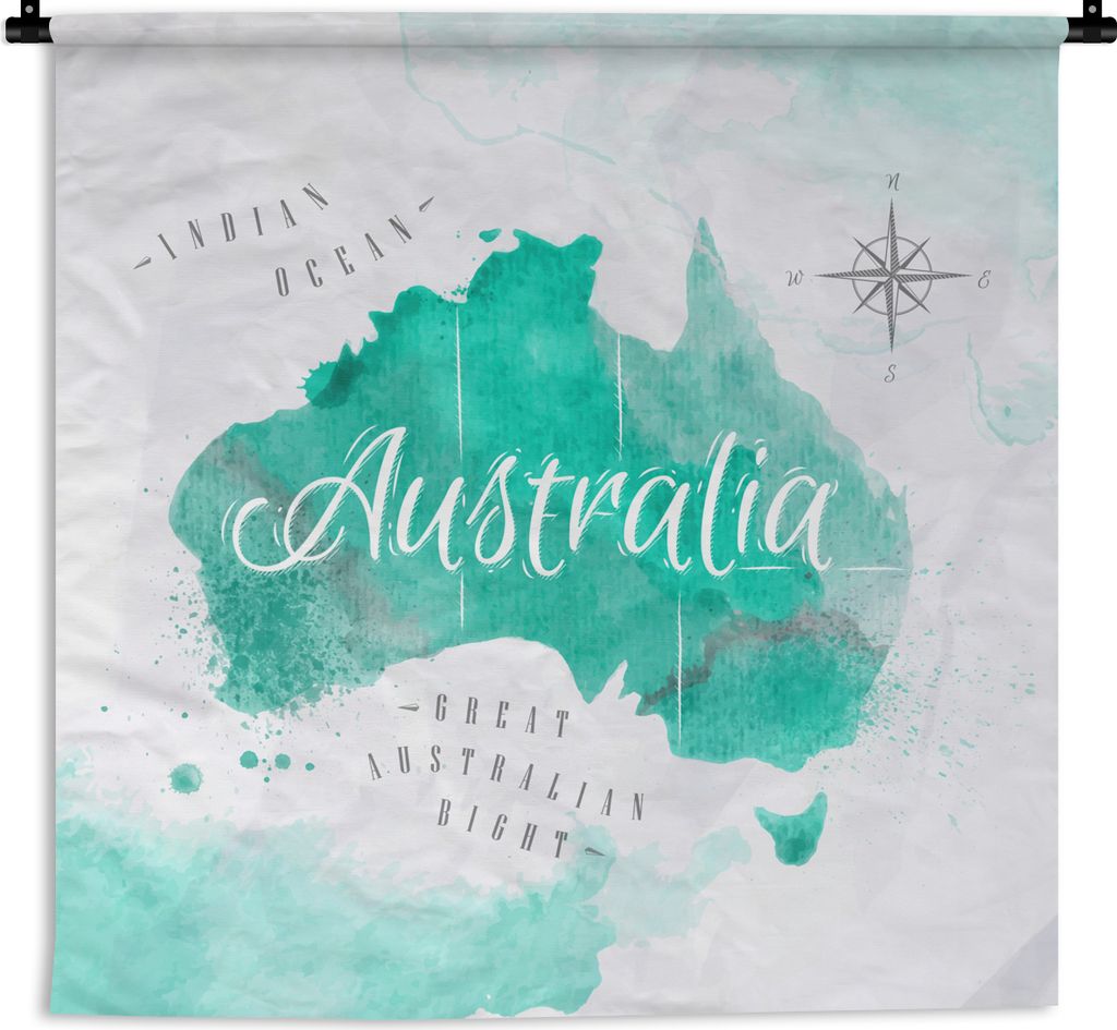 MuchoWow Wandteppich Wandbehang Weltkarte - Australien - Türkis 120x120 cm Tapisserie Dekoration Wandtuch - Modern - Baumwollgewebe
