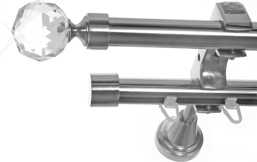 Rohr + Innenlauf Edelstahl Look Gardinenstange Ø 20mm Wandträger 2-läufig zweiläufig Wandbefestigung Kugel Kristall H60 E87E30 RI