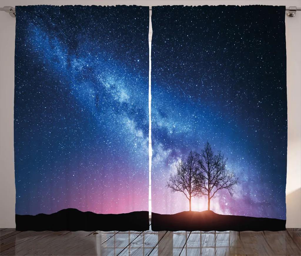 Rideau Rustique Imprimé Arbres la Nuit, Fixation Boucles et Crochets 225cm