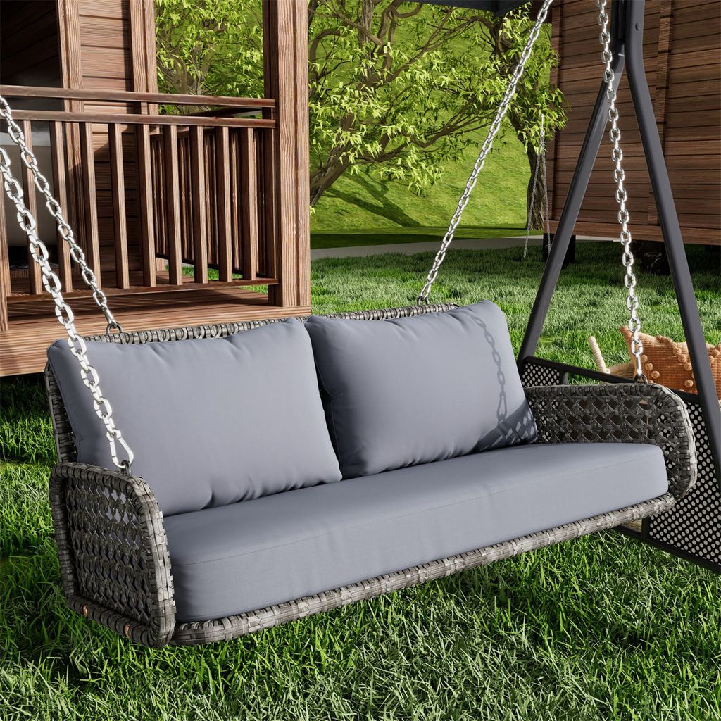 PE-Rattan-Schaukel-Doppelsitz(Grau)Hängeschaukel für den Garten im Freien, mit Kissen und 2 Ketten (240 cm/Stück), ohne Rahmen,belastbar 320 kg
