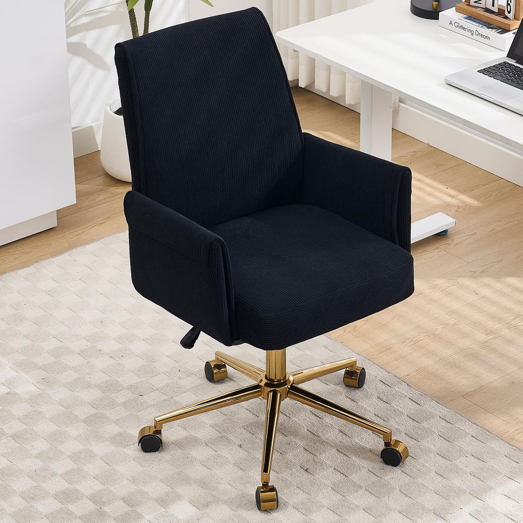 Bürodrehstuhl ergonomisch mit mittelhoher Rückenlehne – Office-Chair in Schwarz, Corduroy-Bezug, höhenverstellbar, 64x61x107 cm, für Arbeit, ...
