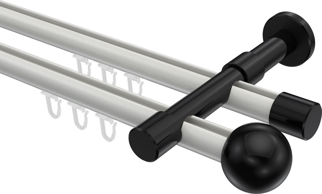 Interdeco Innenlaufstange / Gardinenstange mit Innenlauf Weiß / Schwarz, Typ Prestige Luino (Kugel), 20 mm Ø 2-läufig, 320 cm