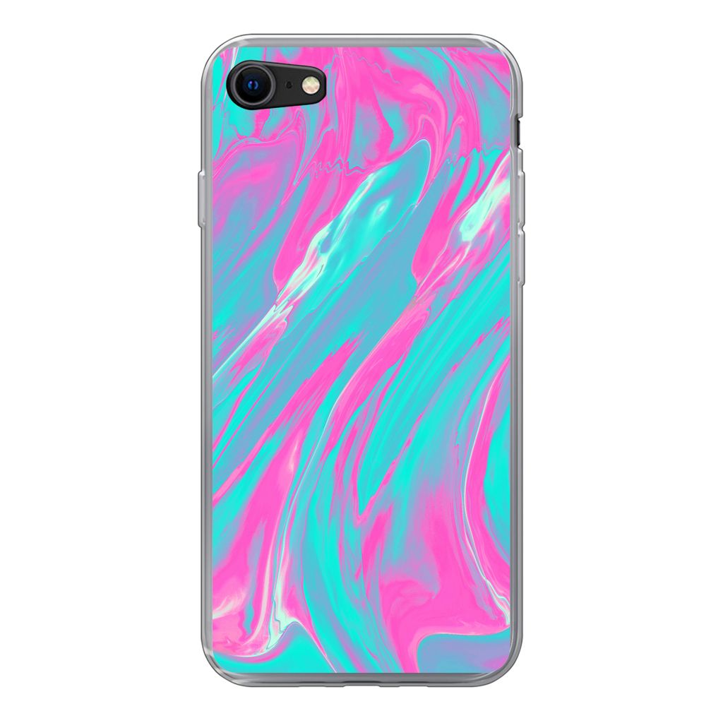 MuchoWow Handyhülle Schutzhülle Hülle für iPhone SE 2022 Kunst - Rosa - Blau - Psychedelisch Silikon Softcase Handy Hülle - Schutzhülle