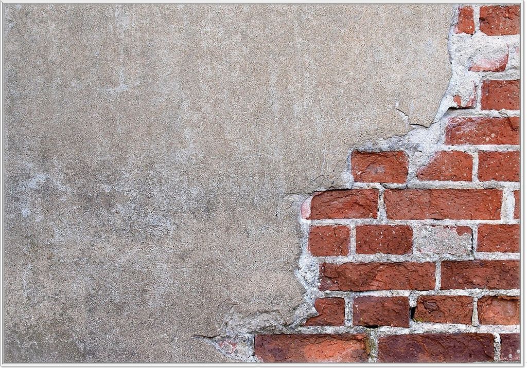 Wallario Wandbild Steinwand rote Ziegelsteine mit Putz, Größe: 70,30 x 100,30 cm, Poster mit weißem Kunststoffrahmen