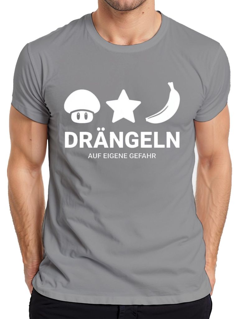 Drängeln auf eigene Gefahr Gamer Pilz Stern Banane Geschenk Herren T-Shirt, Grau, L