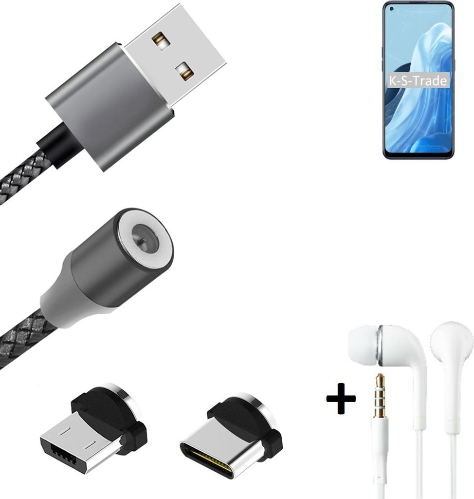 K-S-Trade Hochwertiges Magnet-Lade-kabel Sync-Kabel Daten-Kabel + Kopfhörer kompatibel mit Oppo Find X5 Lite mit USB-Typ-C-Anschluss und