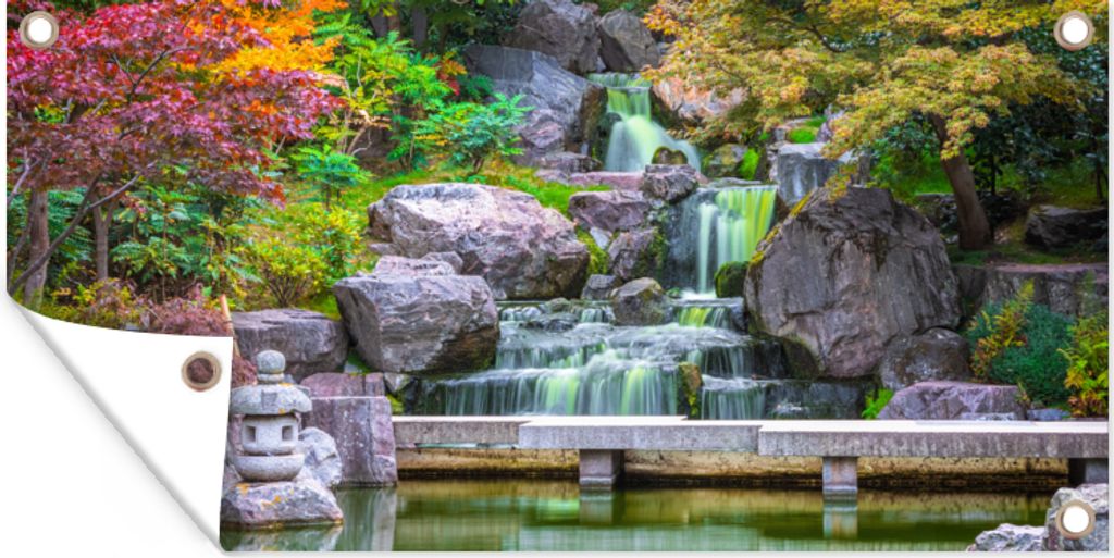 MuchoWow 160x80 cm Outdoor-Poster Gartendeko Sichtschutz Garten Poster für den Garten Steine - Wasser - Bäume - Japanisch - Botanisch
