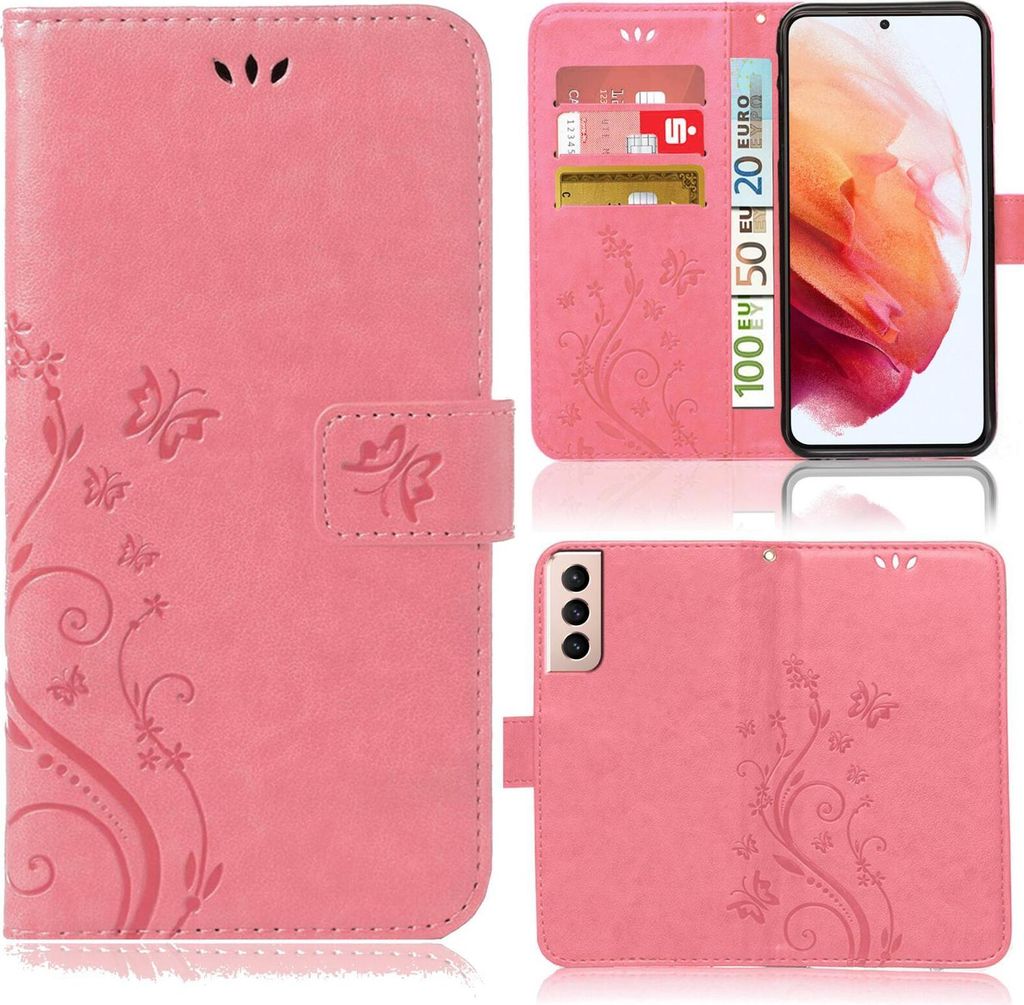 Handy Tasche für Samsung Galaxy S21 Plus Schutz Hülle Handyhülle mit Blumenmuster Klapp Hülle mit Standfunktion und Kartenfächer Rosa