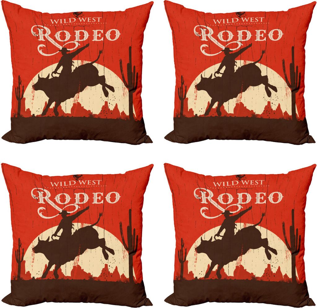 ABAKUHAUS Jahrgang Kissenbezug Set (4 Stück), Rodeo-Cowboy reitet Bull, Moderner Doppelseitiger Digitaldruck, 40 cm x 40 cm, Orange Braun