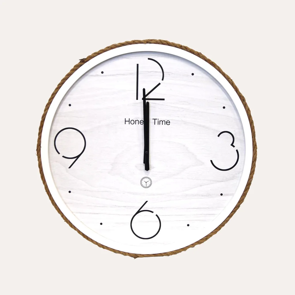 Grande horloge ronde de 60 cm en bois blanc et corde de chanvre tressée