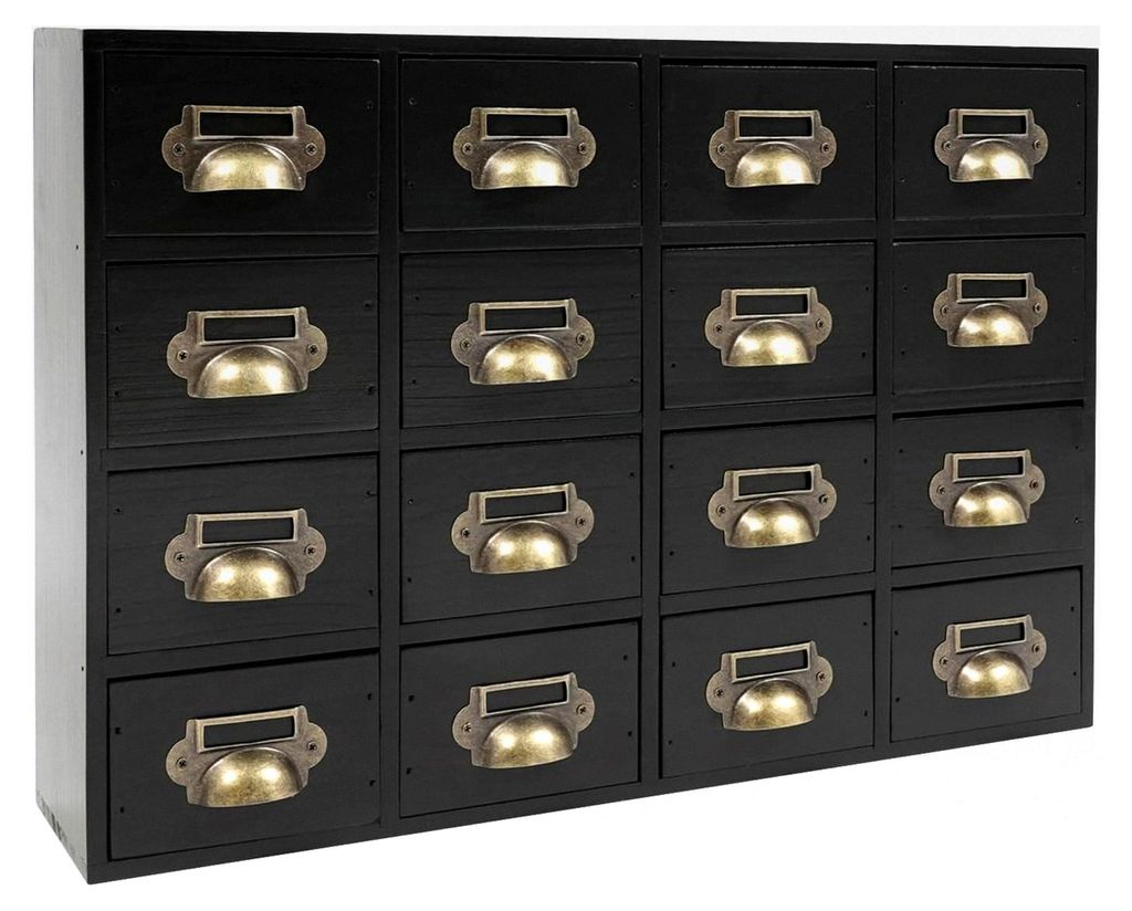 Schubladenschrank aus Holz, Kleine Vintage Kommode mit 16 Schubladen, Schreibtisch-Organizer für Haushalte und Büros, 50x10x35 cm (Schwarz)