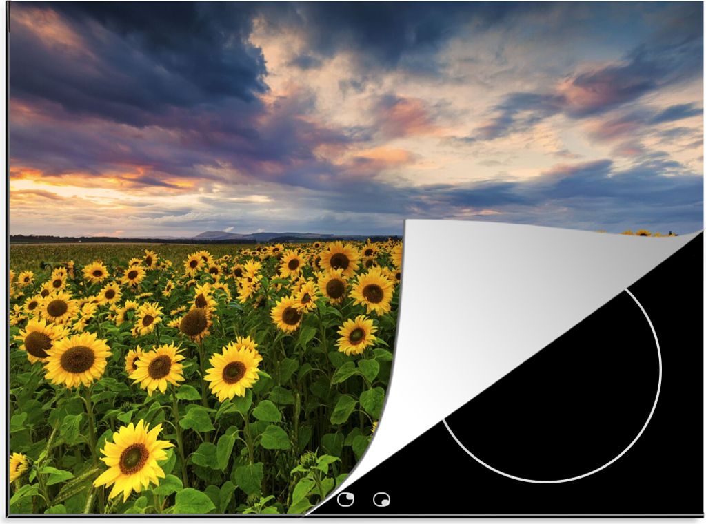 KitchenYeah Herdabdeckplatte Sonnenblumenfeld unter einem farbenfrohen Himmel , 59x52cm, Küche Deko, Glaskeramikfeld Herdabdeckung, Abdeckplatte...