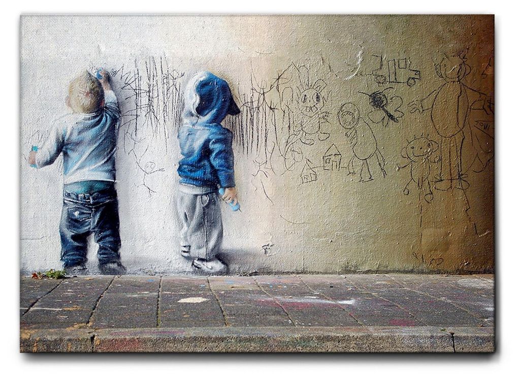 Giallobus - Graffiti-Kinder - Banksy - 100L x 70B cm - Bild - Leinwand mit Standardrahmen