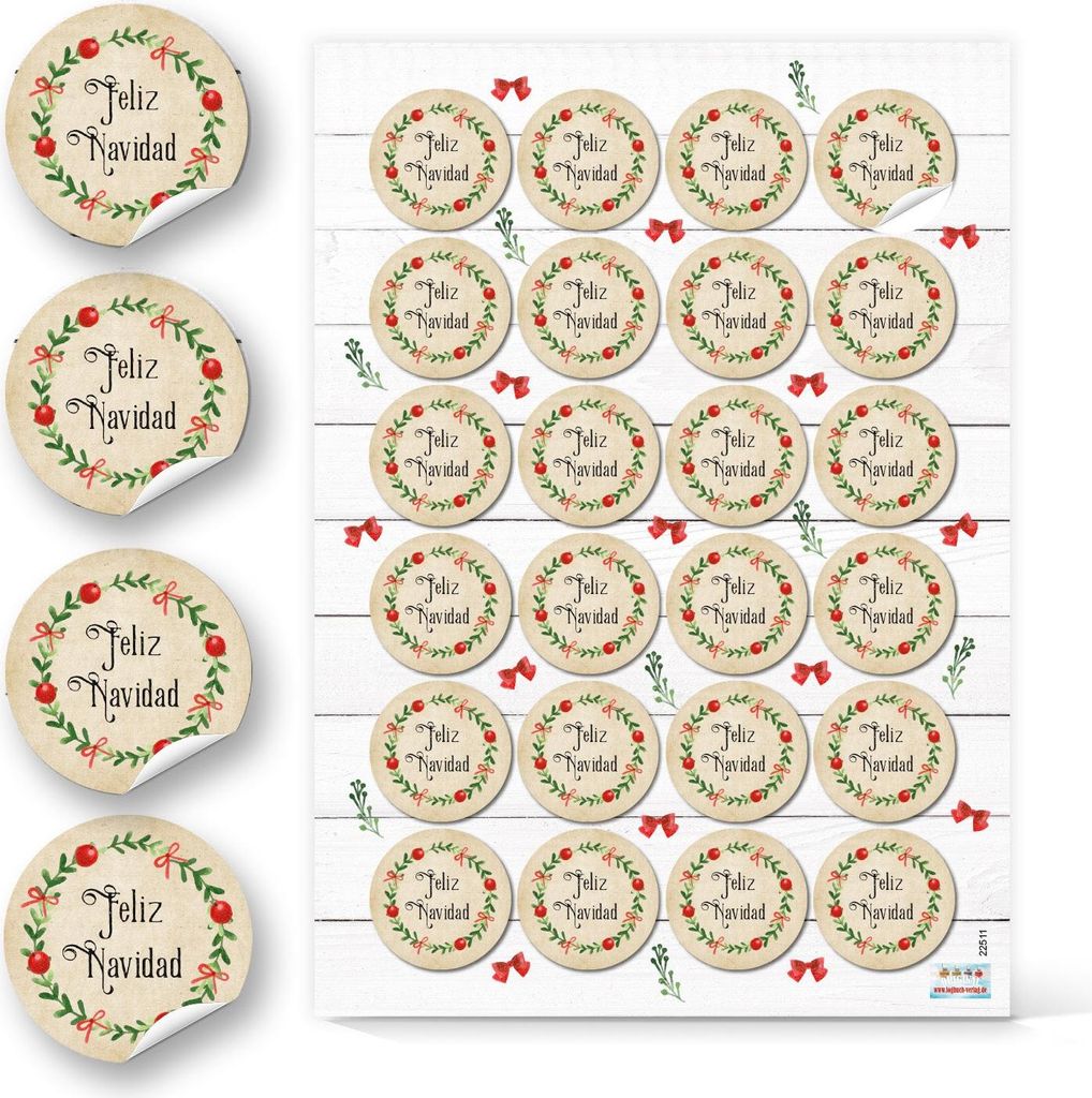 96 Feliz Navidad Aufkleber rund Ø 4 cm in Beige, Rot und Grün
