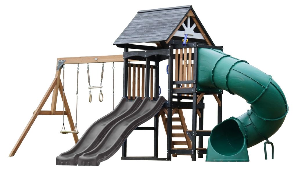 AXI Cody Spielturm aus Holz mit 2 Schaukeln & doppelter Rutsche in Grau & Röhrenrutsche | XXL Spielhaus / Spielplatz für Kinder mit Klettergerüs...
