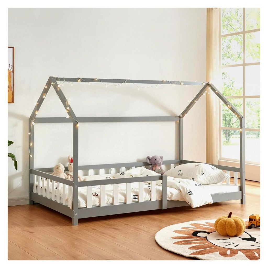 Kinderbett Hesel Hausbett Grau 120 x 200 cm mit Rausfallschutz und Lattenrost