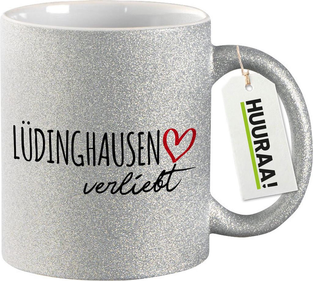 Huuraa Glitzertasse Lüdinghausen verliebt 330ml Silber Keramik Kaffeebecher Geschenkidee