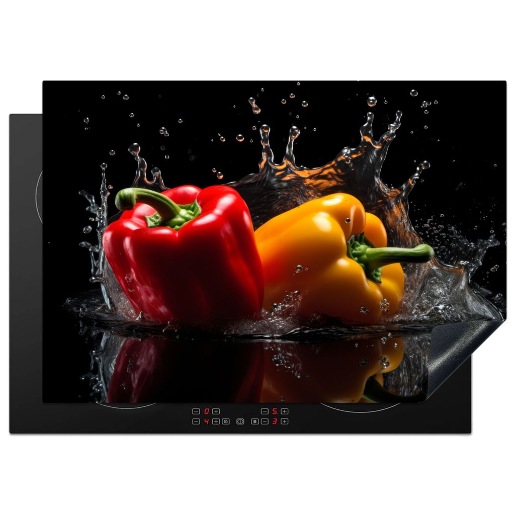 KitchenYeah Herdabdeckplatte Paprika - Wasser - Schwarz - Gemüse - Rot - Gelb , 75x52cm, Küche Deko, Glaskeramikkochfeld Herdabdeckung, Abdeckp...