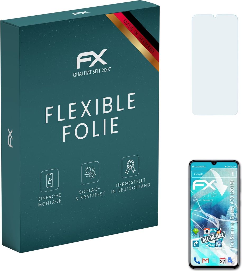 atFoliX FX-ActiFleX 3x Schutzfolie kompatibel mit Samsung Galaxy A70 (2019) Folie