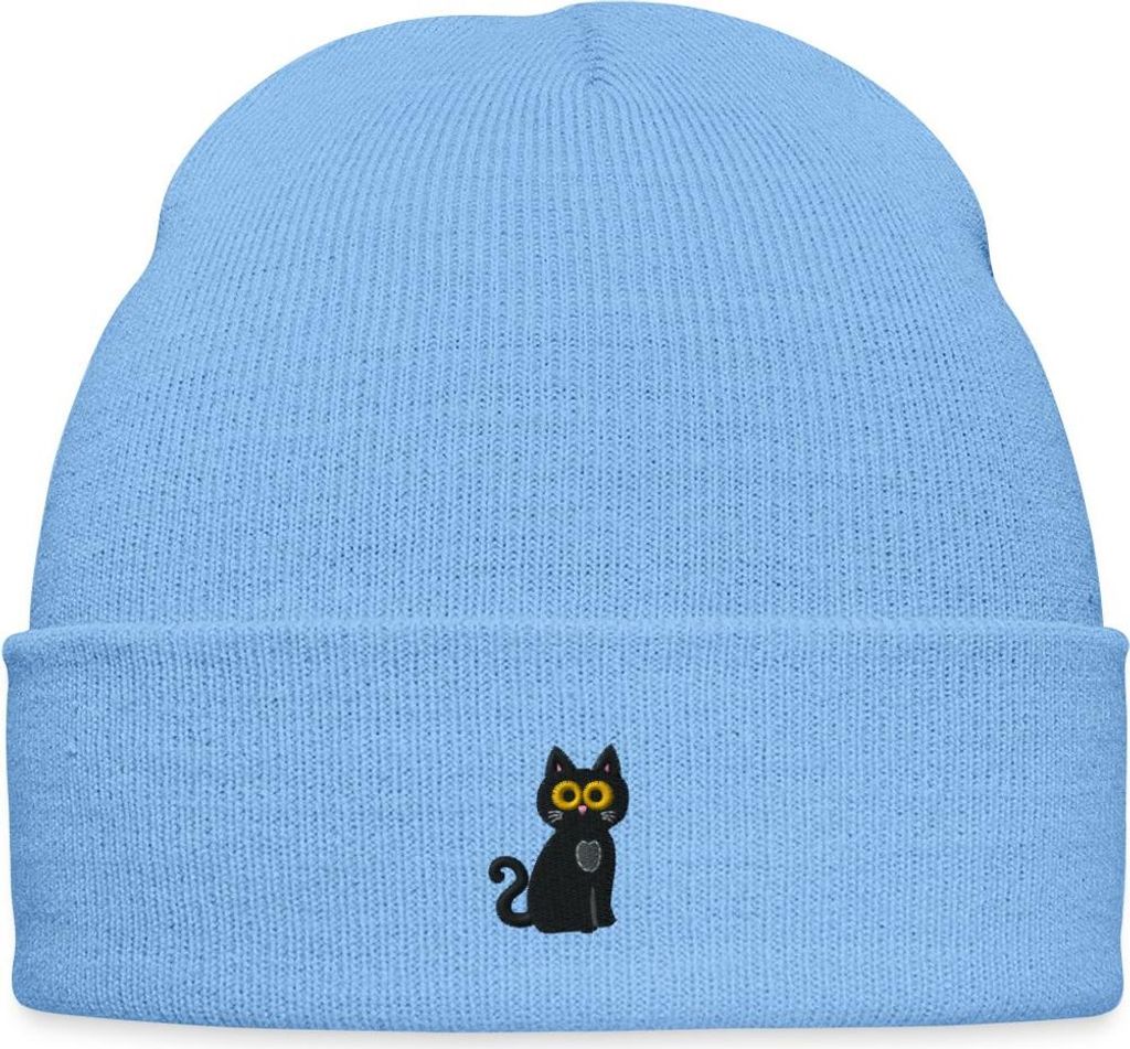 Spreadshirt Schwarze Katze Bestickt Bestickte Wintermütze, One size, Himmelblau