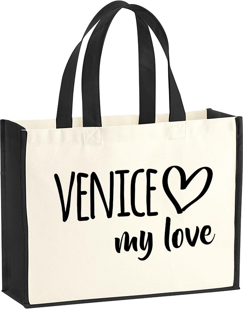 Huuraa Jutetasche Venice my love 21 Liter Black Jute und Baumwolle Einkaufstasche Geschenkidee