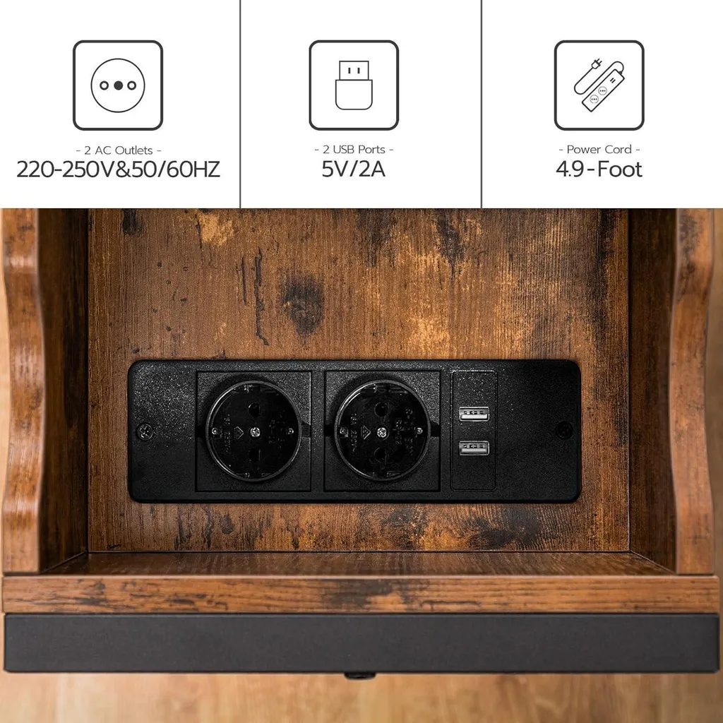 HOOBRO Table d'appoint avec station de recharge de style industriel chic - 4