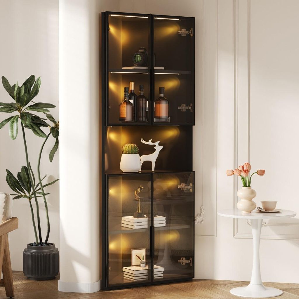 Vetrina angolare in MDF nero con illuminazione a LED, Immagine del prodotto 