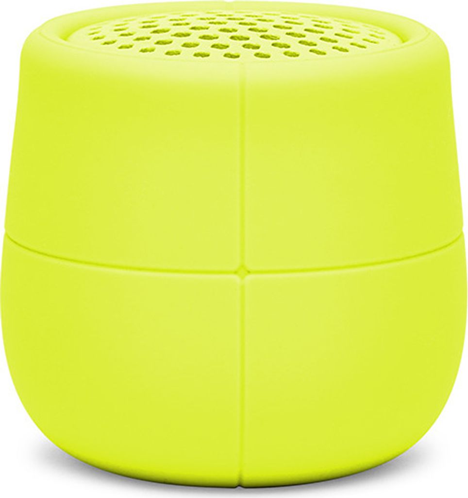 A bright yellow, compact Bluetooth speaker.