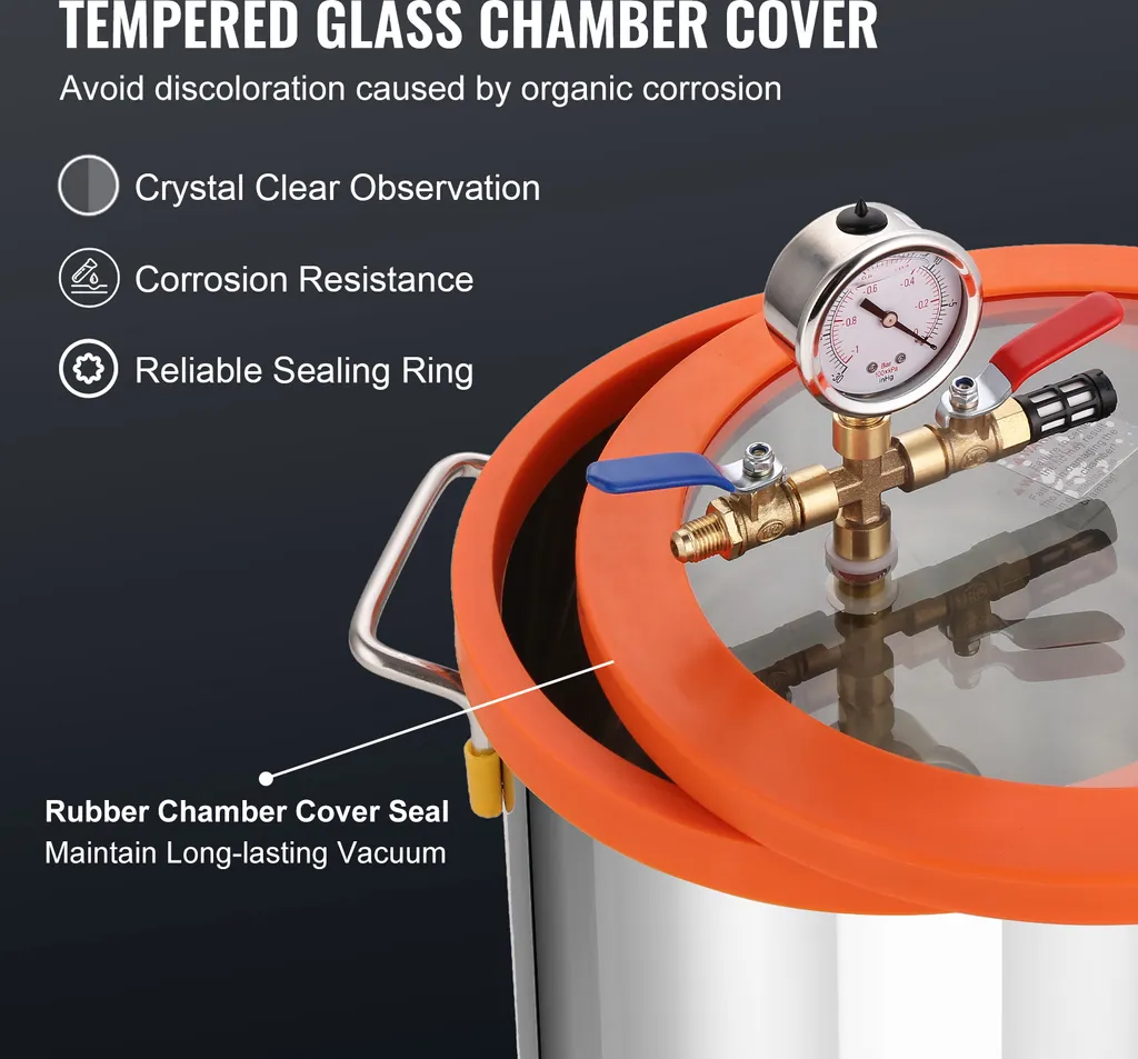SucceBuy Set camera a vuoto da 5 galloni e pompa da 3,5 CFM, coperchio in vetro temperato, pompa a vuoto monostadio con 250 ml di olio, ideale per la stabilizzazione del legno, il degasaggio di siliconi ed epossidici - 4