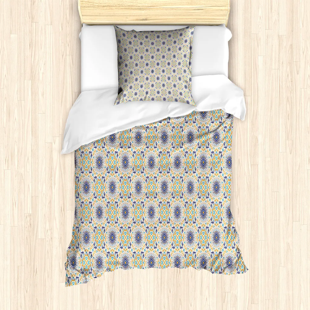 Set copripiumino ABAKUHAUS Boho per letti singoli, piccolo dettaglio con motivo a medaglione, antiacaro e anallergico, con federa, 135 cm x 200 cm - 80 x 80 cm, giallo scuro indaco