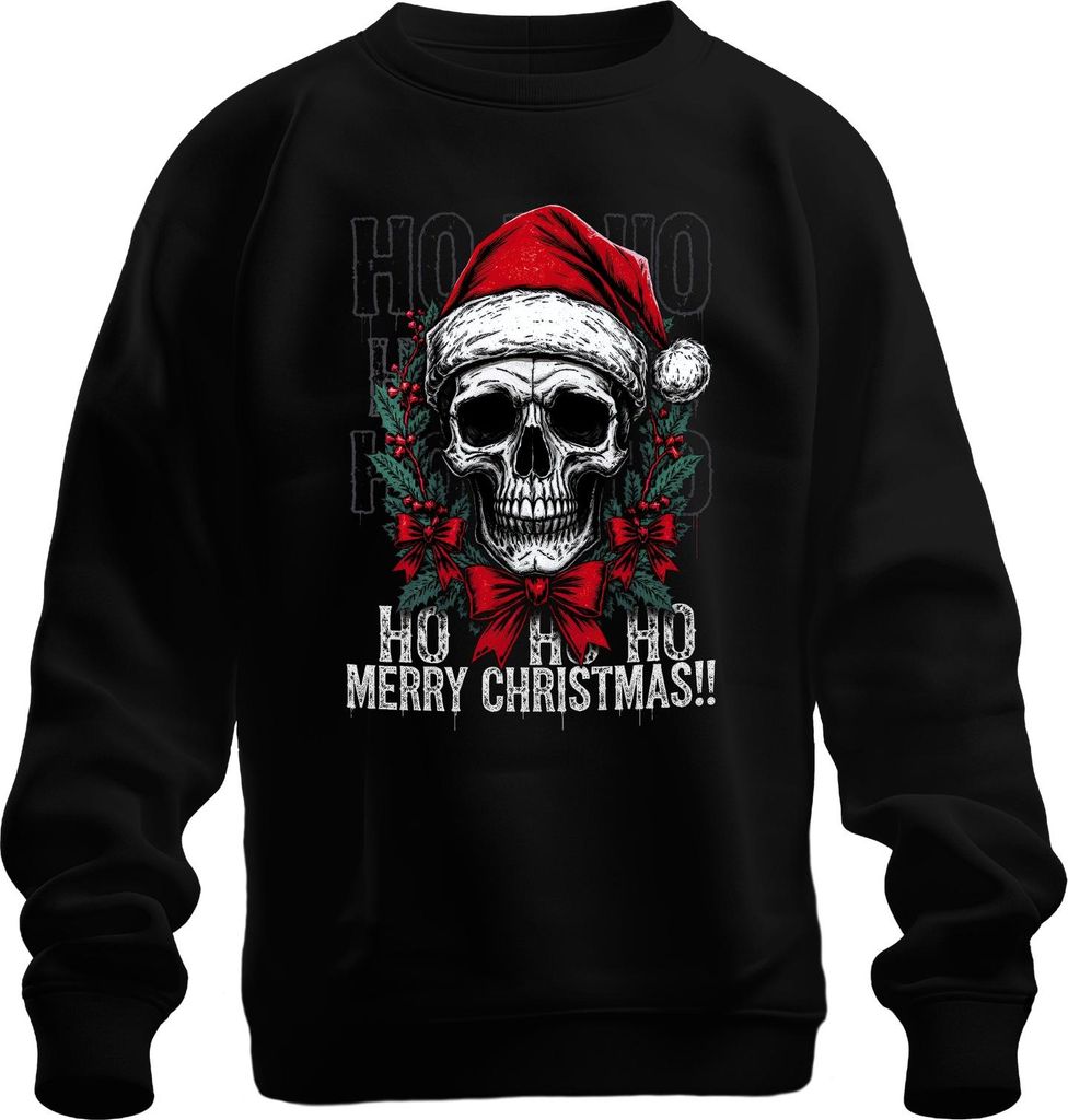 HO HO HO MERRY CHRISTMAS Totenkopf Weihnachtskranz Gothic böse Uni Sweatshirt Pullover, Schwarz, XL