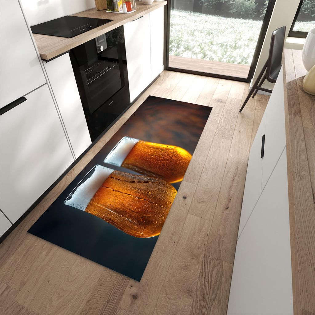 Küchenteppich 80x200cm rutschfest & abwischbar PVC Läufer - Zwei Biergläser Holz