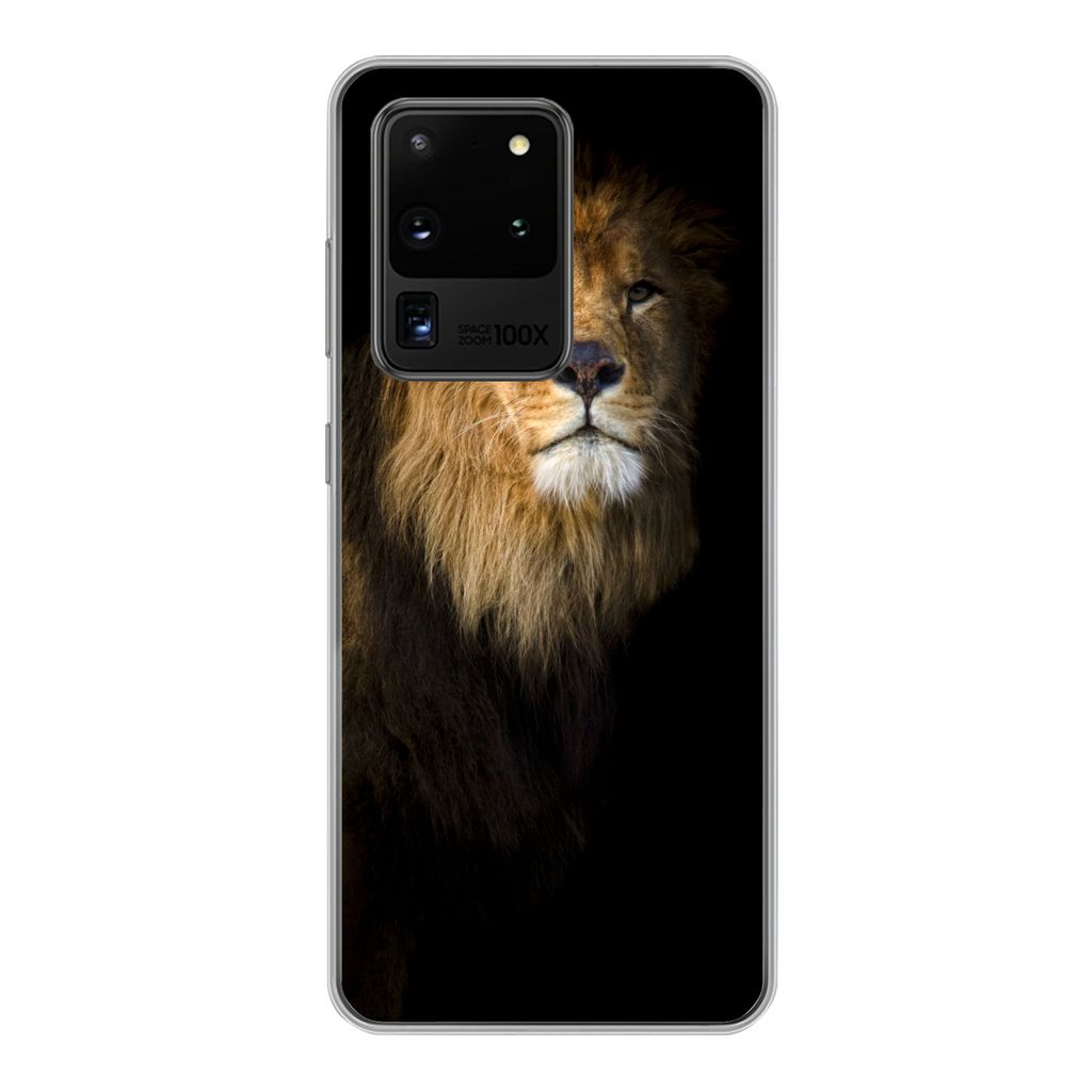 MuchoWow Handyhülle Schutzhülle Hülle für Samsung Galaxy S20 Ultra Löwe - Licht - Schwarz - Porträt Silikon Softcase Handy Hülle - Karteni...