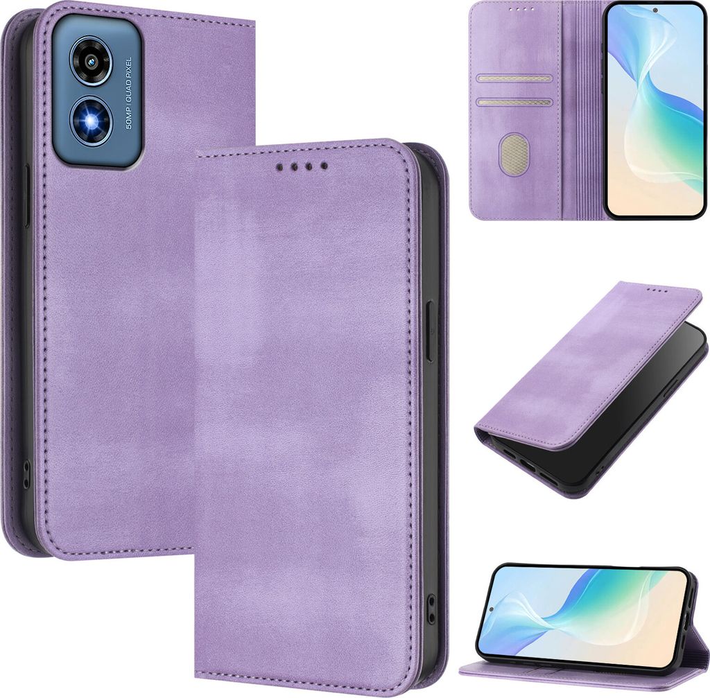 Handyhülle für Motorola Moto G Play 4G 2024, Vintage Leder RFID Schutz Kartenfach Standfunktion Magnetische Klapphülle Violett