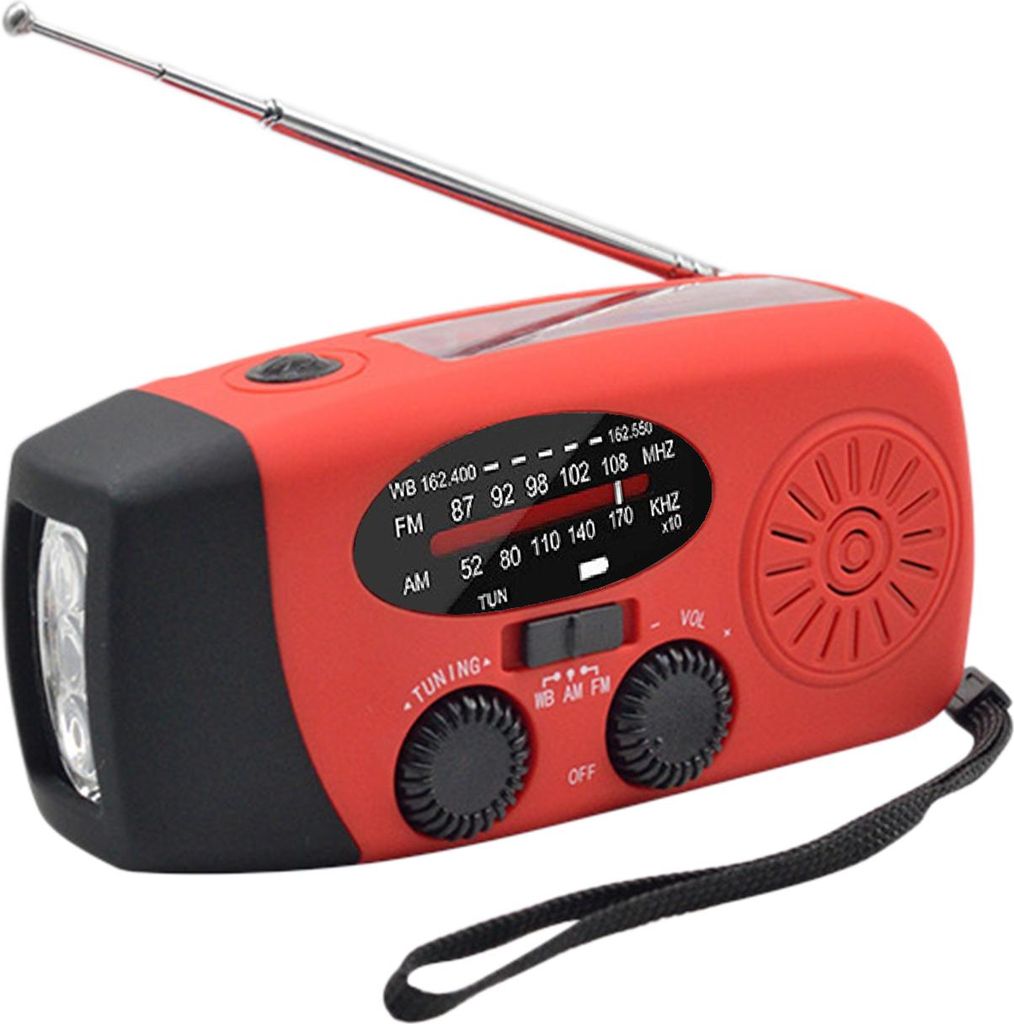 A red and black emergency hand-crank radio with an antenna and flashlight.