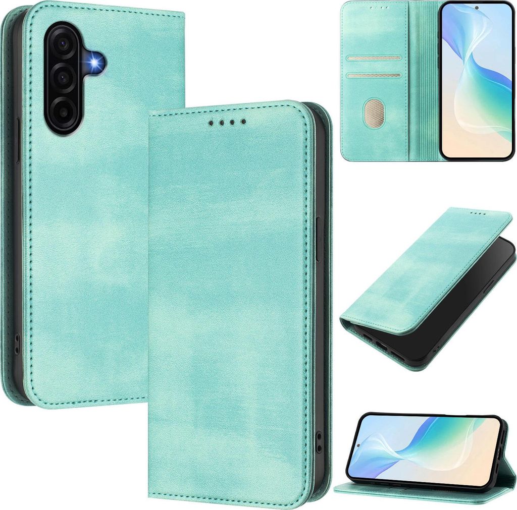 Handyhülle für Samsung Galaxy A57, Vintage Leder RFID Schutz Kartenfach Standfunktion Magnetische Klapphülle Türkis