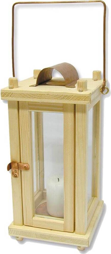 A wooden lantern with glass panels and a candle inside, shown against a white background.