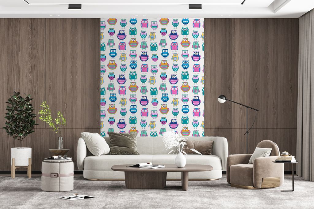 MuchoWow Fototapete für Wohnzimmer oder Schlafzimmer Wandtapete Vinyl Motivtapete Regenbogen - Eule - Cartoon - 200x300 cm - Wanddekorationen