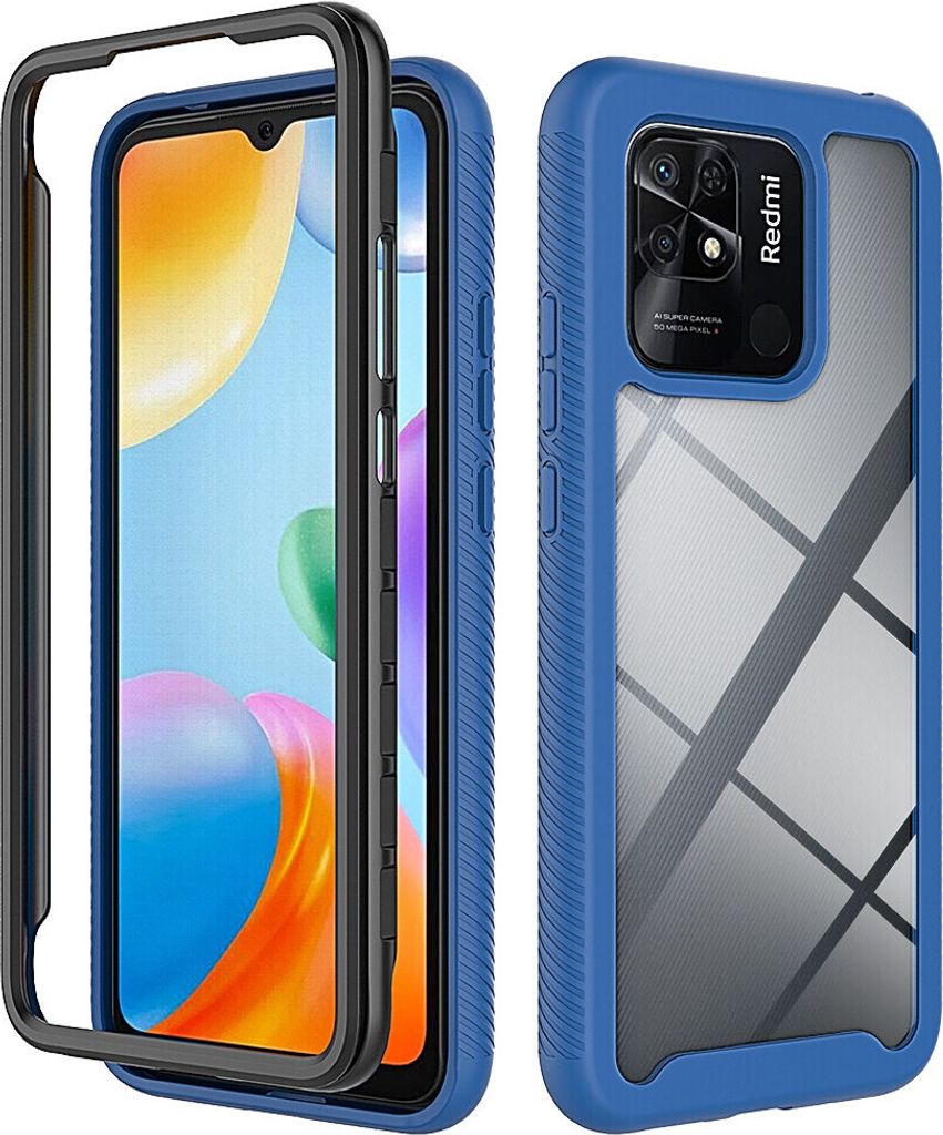 Redmi 10C Hülle, Hybrid Transparente Rückseite Robust TPU Bumper Rutschfest Stoßfest Ganzkörper Schutzhülle für Xiaomi Redmi 10C Dunkelblau