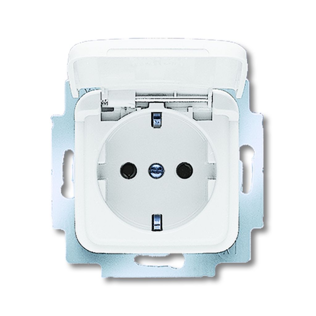 A close-up, front-facing view of a white electrical outlet with a hinged cover.