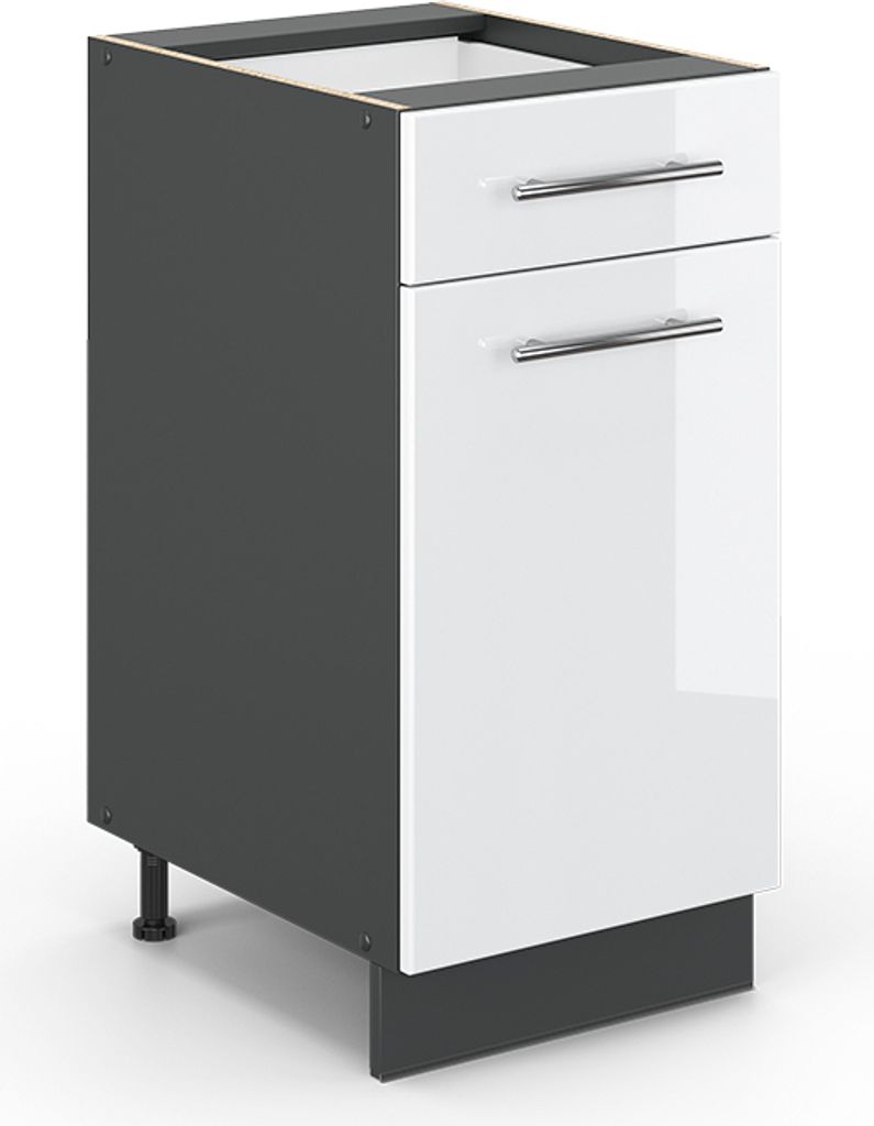 A white and gray kitchen base cabinet with two drawers and a door, shown from a three-quarter front angle on a white background.