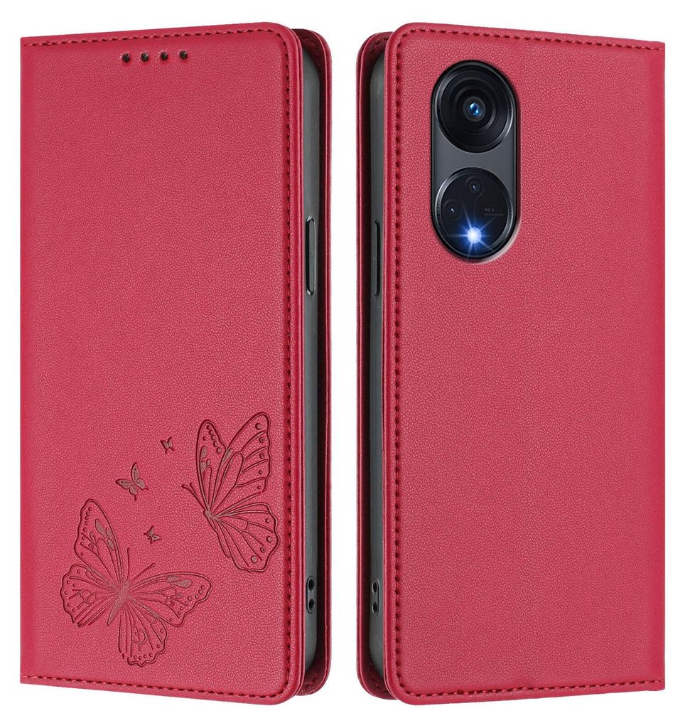 Lederhülle für Oppo Reno8 T 5G, Schmetterling Prägung Leder Brieftasche Schutzhülle mit Ständer Rot