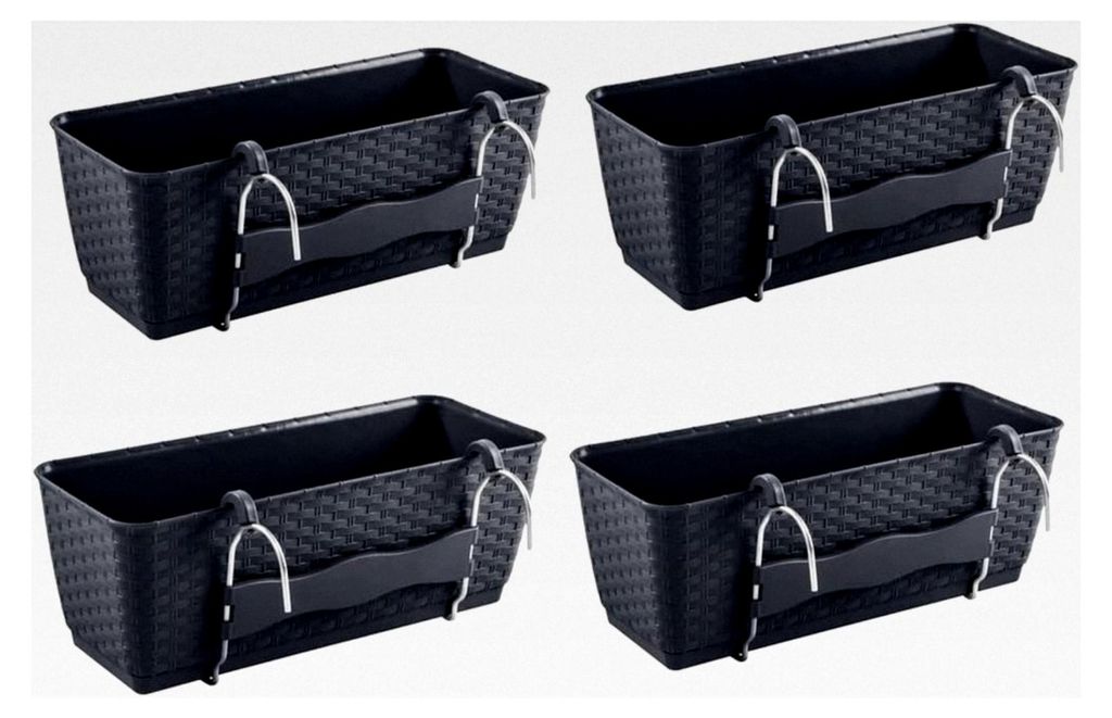 4 Blumenkästen Wetterfester Blumenkübel Groß für Balkon & Terrasse Set Balkonkasten Blumentopf Rattan Optik Aufhängung 50cm Pflanzkasten Gelä...