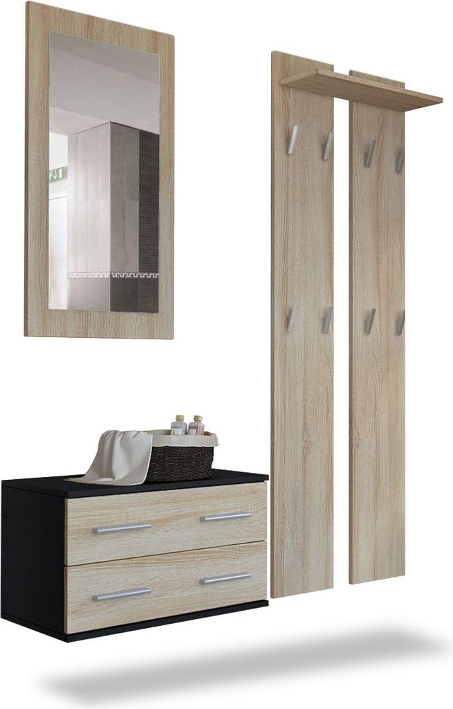 Vladon Garderobenset Garderobe Kioto, Germany, Korpus in Schwarz matt / Front in Eiche sägerau