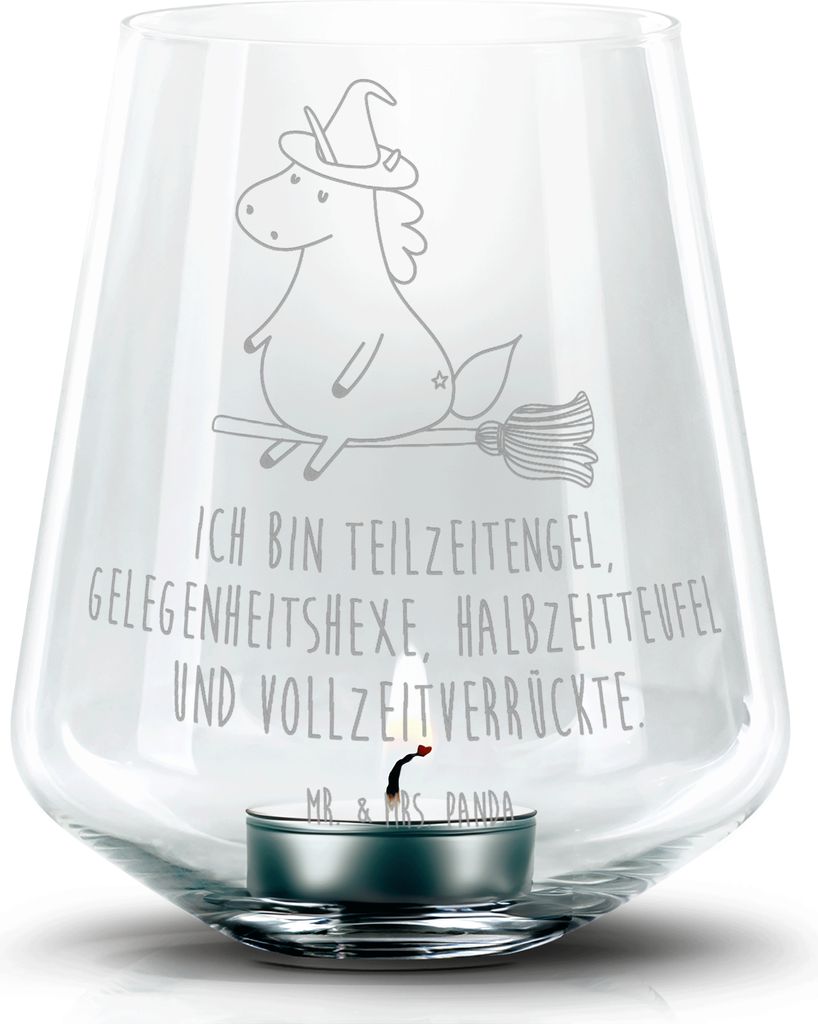 Mr. & Mrs. Panda Kerzenhalter Einhorn Hexe - Transparent - Geschenk, gravur glas, Teelichthalter, Laterne, Einhörner, Engel, Teufel, Unicorn, Lebe...
