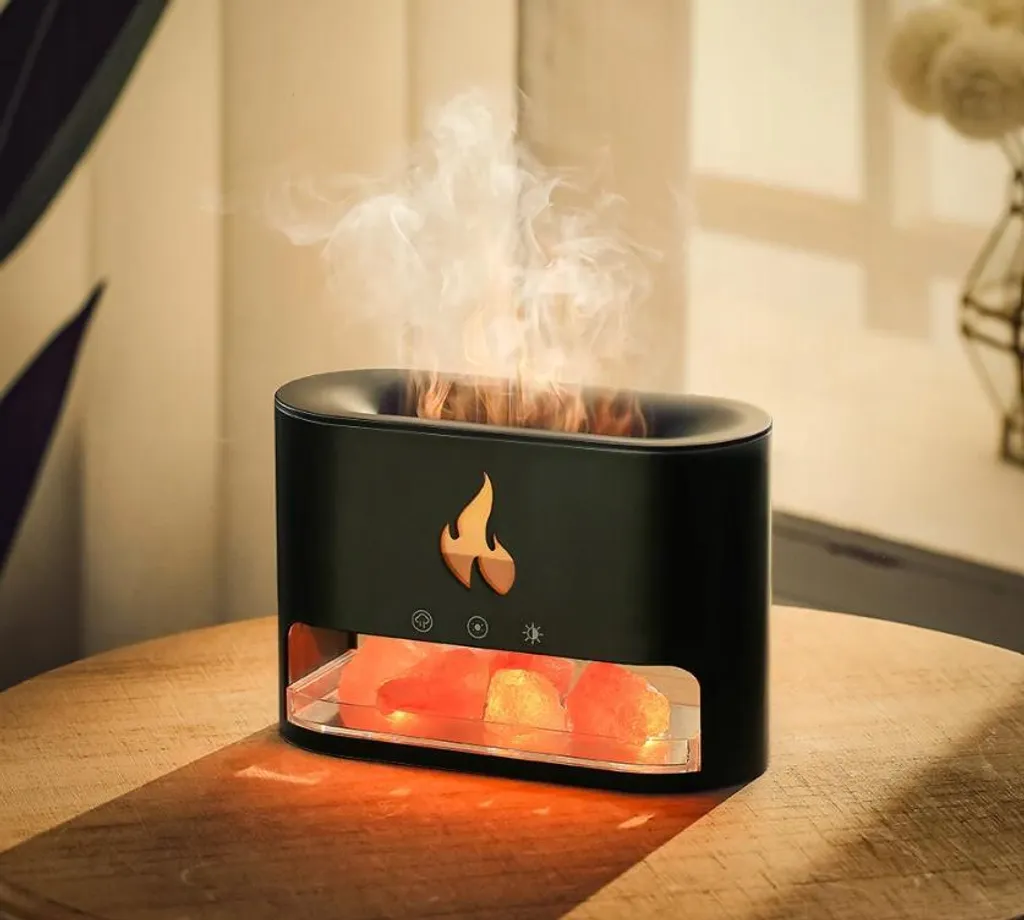 Humidificateur ultrasonique flamme LED et pierres de sel rose de l'Himalaya