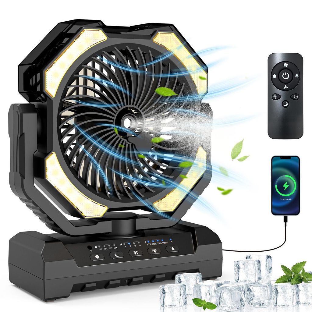 Standventilator Mobiler 4-Stufen-Ventilator, Bodenventilator mit 3-Stufen-Beleuchtung Tischventilator mit Fernbedienung,Camping-Ventilator mit Zeitsch
