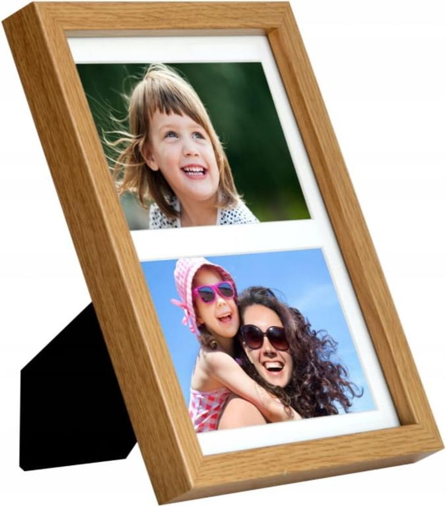 A wooden photo frame with two pictures, one of a young girl and another of a woman holding a child.
